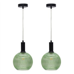 First Choice Lighting Set Of 2 Betchley - Green Ribbed Globe Black Deco Pendants - thumbnail 1