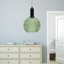 First Choice Lighting Set Of 2 Betchley - Green Ribbed Globe Black Deco Pendants - thumbnail 5