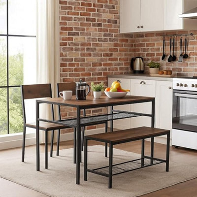 Urbn-Living 4-Piece Wooden Dining Set With Metal Frame Table, 2 Chairs & Bench - Rustic Brown - image 1