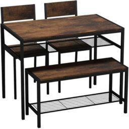 Urbn-Living 4-Piece Wooden Dining Set With Metal Frame Table, 2 Chairs & Bench - Rustic Brown - thumbnail 2