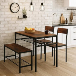 Urbn-Living 4-Piece Wooden Dining Set With Metal Frame Table, 2 Chairs & Bench - Rustic Brown - thumbnail 3