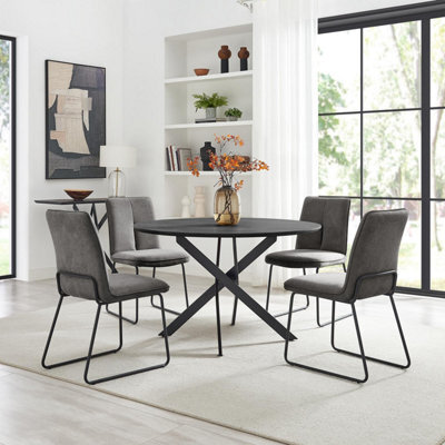 Furniturebox Uk Novara Black Top Dining Table & 6 Halle Dark Grey Fabric Chairs - image 1