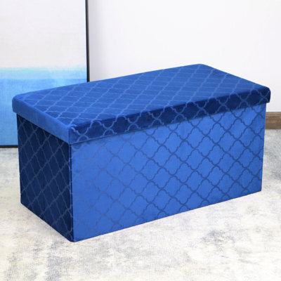 Foldable Velvet Lattice Trellis Storage Box Ottoman Cube 76Cmx38Cm For Bedroom, Living Room, Hallway - Navy - image 1