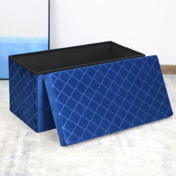 Foldable Velvet Lattice Trellis Storage Box Ottoman Cube 76Cmx38Cm For Bedroom, Living Room, Hallway - Navy - thumbnail 3