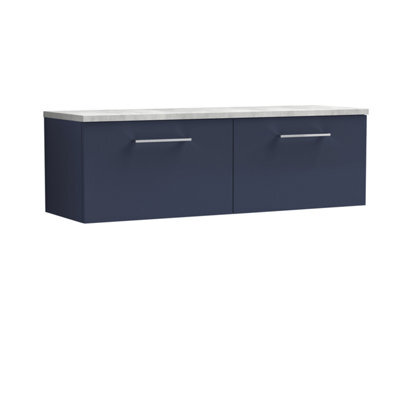 Nuie Arno Wall Hung 2-Drawer Vanity Unit With Laminate Worktop In Bellato Grey, Stylish Counter Top Vanity Unit In Midnight Blue