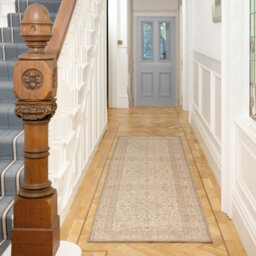 Loomed Traditional Floral Cotton Chenille Rug Cream Beige Machine Washable 60Cm X 240Cm - thumbnail 2