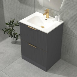 Royal Bathrooms Evora 600mm Graphite Grey Fluted Floor Standing Bathroom Vanity Unit 2 Drawer Cabinet With Ceramic Basin & Brushed Brass Handles - thumbnail 6