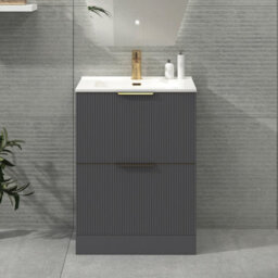 Royal Bathrooms Evora 600mm Graphite Grey Fluted Floor Standing Bathroom Vanity Unit 2 Drawer Cabinet With Ceramic Basin & Brushed Brass Handles