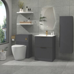 Royal Bathrooms Evora 600mm Graphite Grey Fluted Floor Standing Bathroom Vanity Unit 2 Drawer Cabinet With Ceramic Basin & Brushed Brass Handles - thumbnail 4