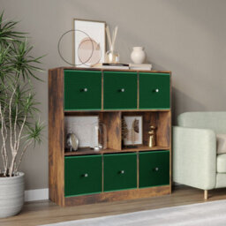 Urbn-Living Urbnliving Asymmetrical 8 Cube Bookcase Shelf Storage Unit W/ 6 Fabric Drawer Inserts (Rustic Brown+Green) - thumbnail 1