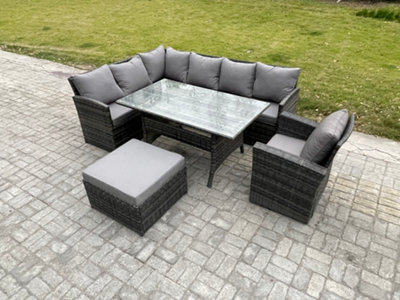 Fimous 8 Seater Outdoor Rattan Garden Furniture Set With Rectangular Dining Table Big Footstool Armchair Patio Corner Sofa Set - image 1