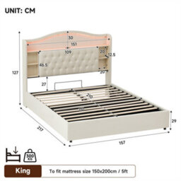 Abrihome 5Ft King Upholstered Bed Frame With Curved Led Headboard & Hydraulic Storage, Usb/type-C Charging, Beige (No Mattress) - thumbnail 6