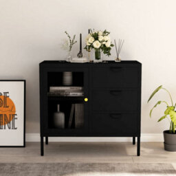 Berkfield Sideboard Black 75X35X70 Cm Steel And Tempered Glass - thumbnail 1