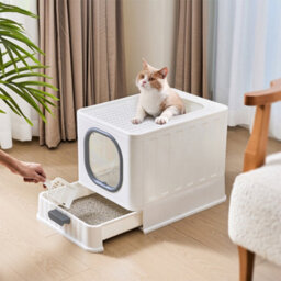 Thehotsale Foldable Cat Litter Box With Lid Extra Large Space Closed Smell Proof Anti Splashing Cat Toilet With Scoop Grey - thumbnail 2