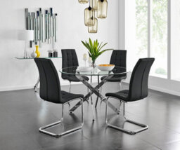 Furniturebox Uk Novara Chrome Metal And Glass Large Round Dining Table And 4 Black Murano Chairs Set - thumbnail 1