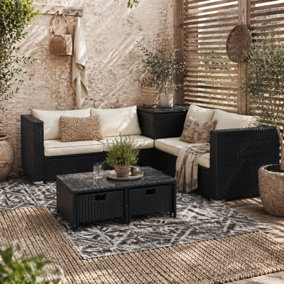 Wyld Haus Nonasa 4-Piece Black Rattan Corner Garden Sofa Set With Storage Coffee Table And 2 Loveseats - image 1
