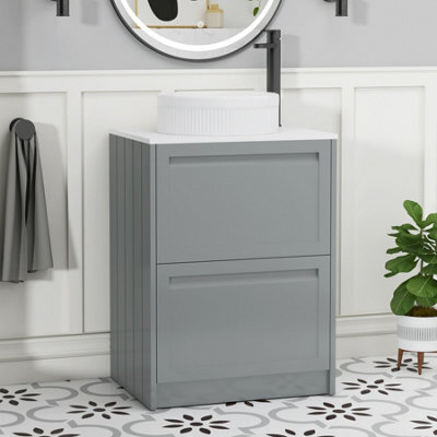 Royal Bathrooms Royal Bathroom Elmore 600mm Matt Pebble Grey Freestanding Bathroom Vanity Unit 2 Drawer Plain White Worktop With Round Basin - image 1