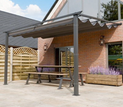 Aluminium Lean To Pergola Gazebo With Retractable Sunshade Canopy, Grey, 3.0X4.0M - image 1