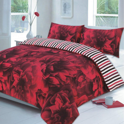 Homes & Linen Rose Floral Duvet Cover Set Flowers Reversible Stripe Printed Bedding Set