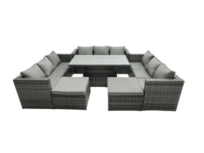 Fimous Rattan Dining Table Sofa Set With 2 Big Stool Outdoor 11 Seat Garden Furniture Set Dark Grey Mixed - image 1