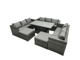 Fimous Rattan Dining Table Sofa Set With 2 Big Stool Outdoor 11 Seat Garden Furniture Set Dark Grey Mixed - thumbnail 2