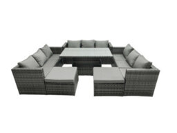 Fimous Rattan Dining Table Sofa Set With 2 Big Stool Outdoor 11 Seat Garden Furniture Set Dark Grey Mixed - thumbnail 1