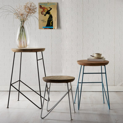 Lava Metal & Solid Wood Banded Iron Edges Legs Round Set Of 3 Stools - image 1