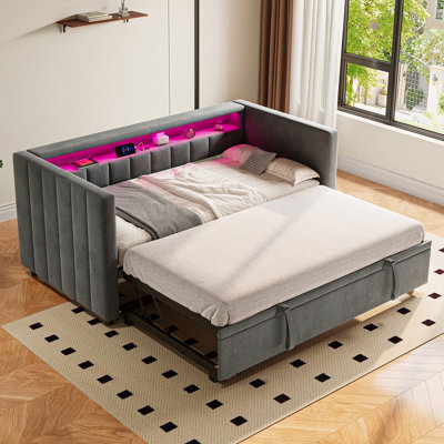Abrihome Multifunctional Sleeper Sofa 90X190Cm With Pull-Out Bed - Gray Velvet Upholstery,  Ambient Led Lighting & Storage For Guest Rooms - image 1