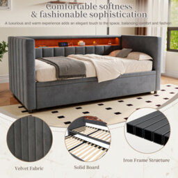Abrihome Multifunctional Sleeper Sofa 90X190Cm With Pull-Out Bed - Gray Velvet Upholstery,  Ambient Led Lighting & Storage For Guest Rooms - thumbnail 5
