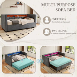 Abrihome Multifunctional Sleeper Sofa 90X190Cm With Pull-Out Bed - Gray Velvet Upholstery,  Ambient Led Lighting & Storage For Guest Rooms - thumbnail 6