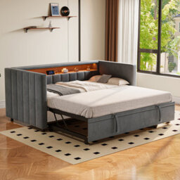Abrihome Multifunctional Sleeper Sofa 90X190Cm With Pull-Out Bed - Gray Velvet Upholstery,  Ambient Led Lighting & Storage For Guest Rooms - thumbnail 2