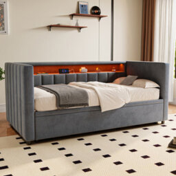 Abrihome Multifunctional Sleeper Sofa 90X190Cm With Pull-Out Bed - Gray Velvet Upholstery,  Ambient Led Lighting & Storage For Guest Rooms - thumbnail 3