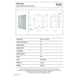 RAK Ceramics Rak Hestia 600X800mm Square Illuminated Bathroom Mirror With Demister, Shaver Socket & Touch Control, Silvery White Ip44 - thumbnail 2