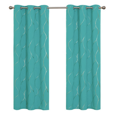 Deconovo Eyelet Curtains, Gold Wave Foil Printed Blackout Curtains, Thermal Insulated Curtains, W52 X L63 Inch, Turquoise, 1 Pair - image 1