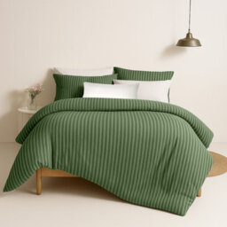 Bedlooms Olive Green Stripe Duvet Cover Set, Reversible, Breathable & Hypoallergenic Bedding Pack, Single 135X200Cm - thumbnail 1