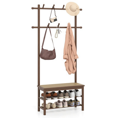 Gainoom Bamboo Brown Coat Rack Pe Rattan Hall Tree With Bench & Shoe Storage - image 1