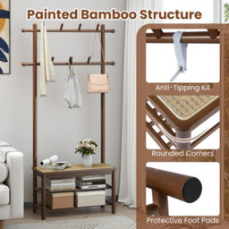 Gainoom Bamboo Brown Coat Rack Pe Rattan Hall Tree With Bench & Shoe Storage - thumbnail 8