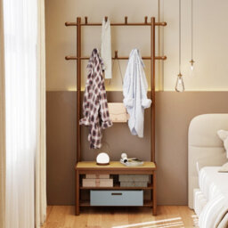 Gainoom Bamboo Brown Coat Rack Pe Rattan Hall Tree With Bench & Shoe Storage - thumbnail 5