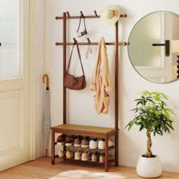 Gainoom Bamboo Brown Coat Rack Pe Rattan Hall Tree With Bench & Shoe Storage - thumbnail 4