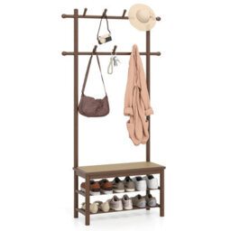 Gainoom Bamboo Brown Coat Rack Pe Rattan Hall Tree With Bench & Shoe Storage - thumbnail 1