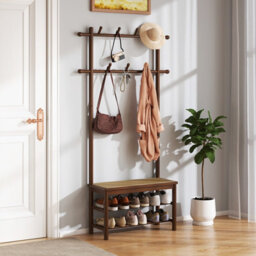 Gainoom Bamboo Brown Coat Rack Pe Rattan Hall Tree With Bench & Shoe Storage - thumbnail 3