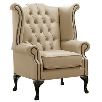 Chesterfield High Back Wing Chair Shelly Dark Beige Leather In Queen Anne Style - image 1