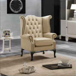 Chesterfield High Back Wing Chair Shelly Dark Beige Leather In Queen Anne Style - thumbnail 2