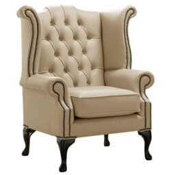 Chesterfield High Back Wing Chair Shelly Dark Beige Leather In Queen Anne Style - thumbnail 1