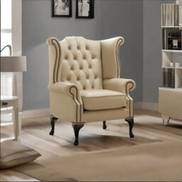 Chesterfield High Back Wing Chair Shelly Dark Beige Leather In Queen Anne Style - thumbnail 3