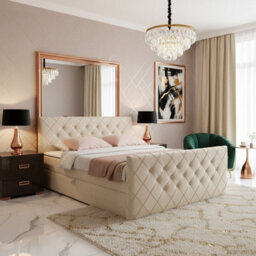 Malaga M Bedroom Upholstered Bed Mdf Laminated Board Hr Foam Bonell Spring Wooden Frame With Topper 200X200 Cream - thumbnail 2