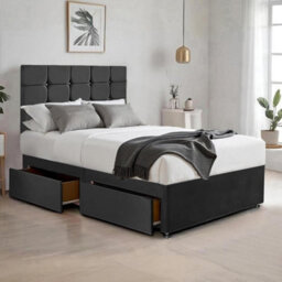 Black Plush 3Ft Single Bed With Matttress  2 Storage Drawers And 20 Inch Cubic Headboard - thumbnail 1