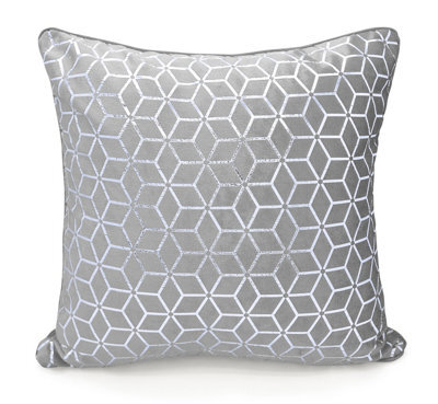Intimates Velvet Geometric Print Cushion, Silver Foil Design, Luxurious Texture, Zip Closure - Modern Home Decor Accent Cushion - Silver