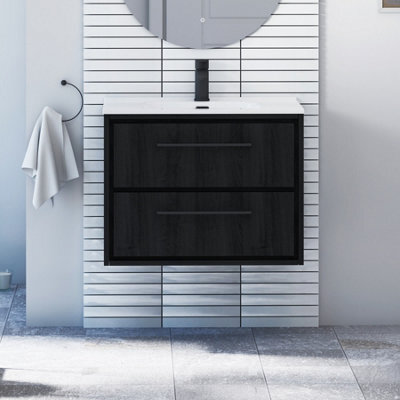 Royal Bathrooms Livora 700mm Black Woodgrain Wall Hung Bathroom Vanity Unit 2 Drawer With Ceramic Basin & Matt Black Handle - image 1