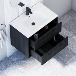 Royal Bathrooms Livora 700mm Black Woodgrain Wall Hung Bathroom Vanity Unit 2 Drawer With Ceramic Basin & Matt Black Handle - thumbnail 4